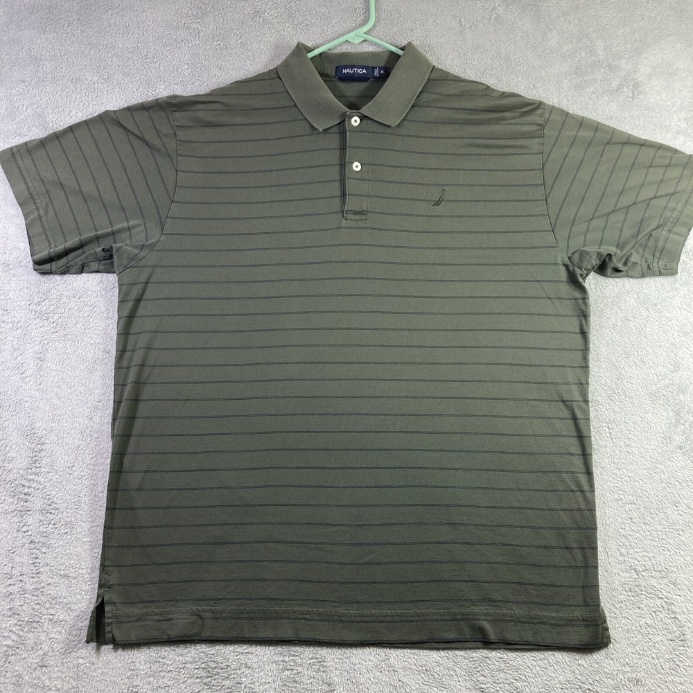 Nautica Polo Shirt Men XL Green Striped Golf Preppy Logo Casual Short Sleeve